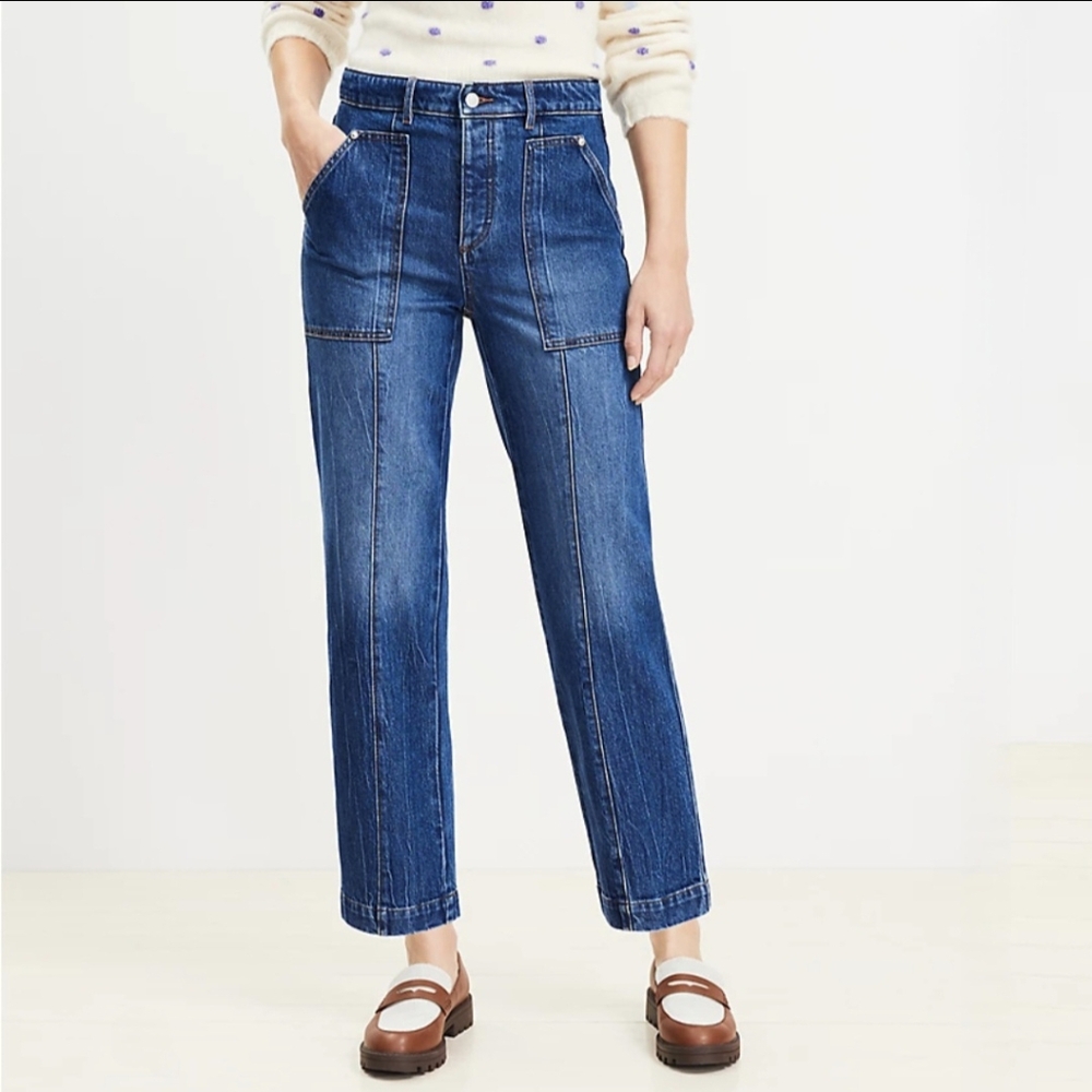 LOFT Utility Straight High Rise Button Fly Denim Dark Stone Wash Jeans 30/10